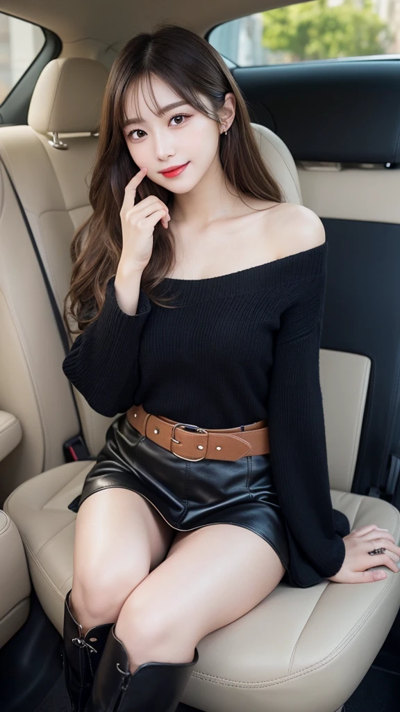 1 person、In detail, High resolution, Highest quality、Beautiful fine details, long hair, Natural color lip、Clear Skin、Shiny Hair、Tabletop, Super detailed, In detail, High resolution, 8K、Cute pose,Beautiful feet,Perfect beautiful face,KPOP idol faces,Ecstatic face、Cute face, smile、Seduce、I can see the valley、thigh boots、leather skirt、Off-the-shoulder sweater、belt、In the car