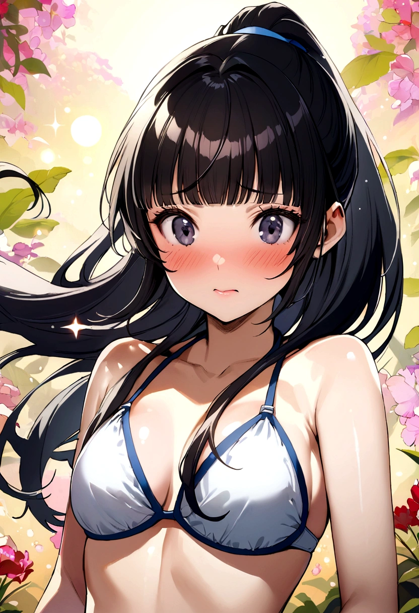 Embarrassed、Sunburned skin、Background white、1 girl、Navy blue school swimwear,ponytail、blunt bangs、Black Hair、super fine illustration,(((beautiful fine hair))),(((beautiful fine face))),(((beautiful fine background))),Midsummer、beachBlack Hair、student、bikini、ponytail、blunt bangs、Cross-eyed