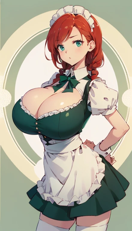SFW, (Maid clothes, Keyhole Valley), (Huge breasts, Huge breasts, Large Breasts), Put your arms behind your back, Firm breasts, Slim waist, Curvaceous figure, (red_hair, (green_eye), Braid)