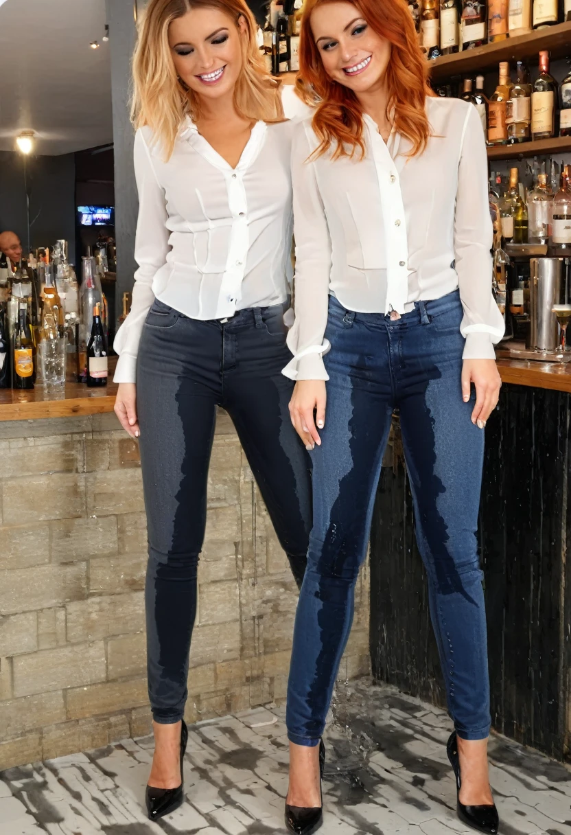 two attractive  women one blonde wearing black skinny jeans, one redhead wearing dark blue skinny jeans, high heel pumps, white blouse, standing in a crowded bar,  wetting, big smile,  stains are gleaming wet