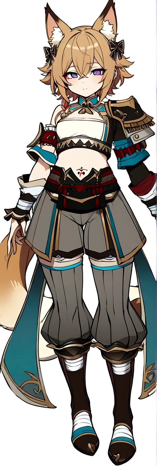 Masterpiece, High quality, High quality of art, best quality, anime lineart, Femboy, light carrot hair, fox ears, fox tail, Red eyeshadow, purple eye color, Bare belly, Femboy, military armlets, general's pants, A heavy golden bow with rubies, A longbow behind his back, half sleep eyes, Platinum bell and bow near the ear, a small shorts, Red and white rope belt, no human ears, Black heart tattoo on tummy, light carrot hair