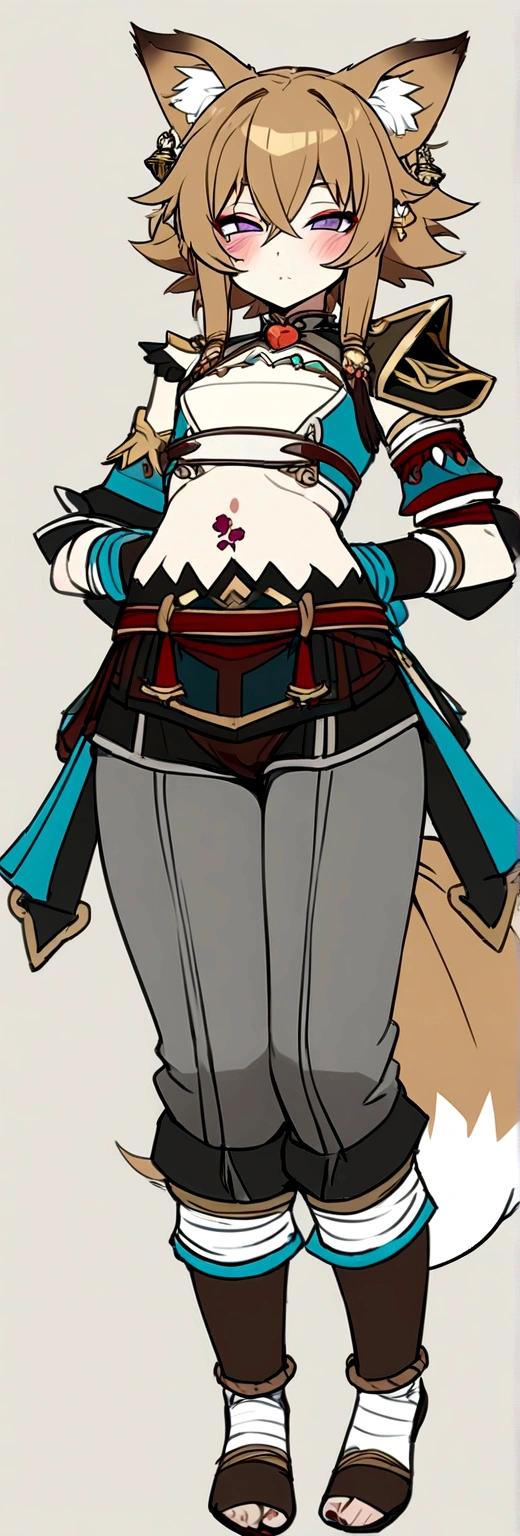 Masterpiece, High quality, High quality of art, best quality, anime lineart, Femboy, light carrot hair, fox ears, fox tail, Red eyeshadow, purple eye color, Bare belly, Femboy, military armlets, general's pants, A heavy golden bow with rubies holds the viewer hostage on a stone beach, black-green blue clothes, hair with a small count of dark carrot hair, A longbow behind his back, half sleep eyes, Platinum bell and bow near the ear