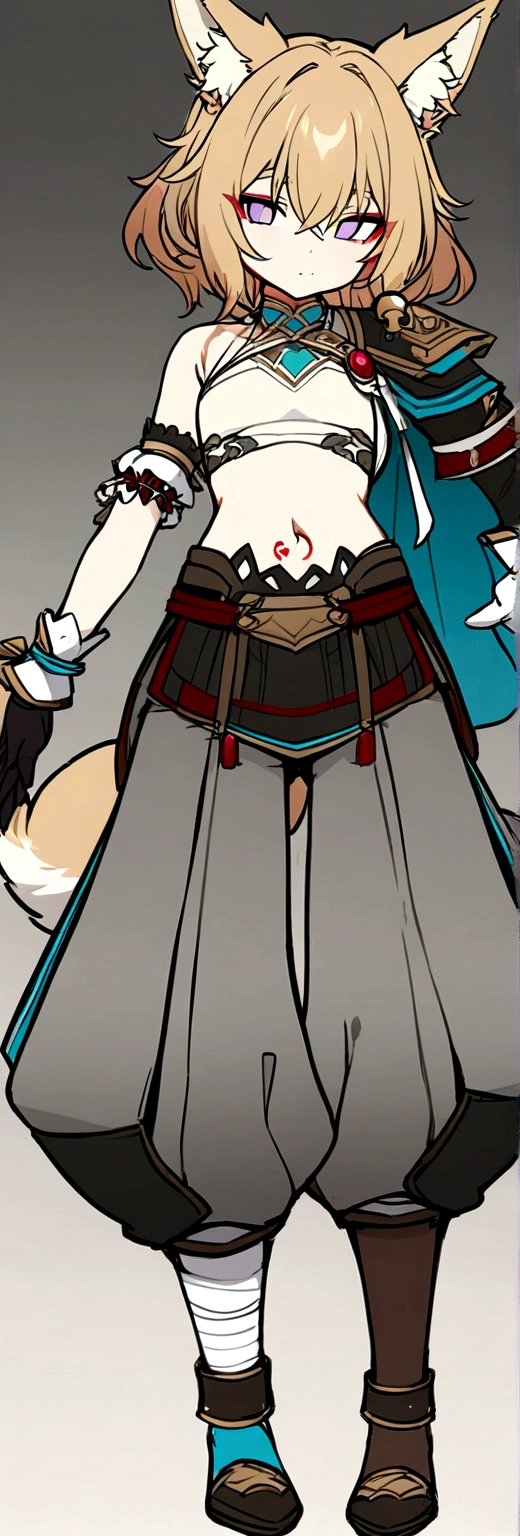 Masterpiece, High quality, High quality of art, best quality, anime lineart, Femboy, light carrot hair, fox ears, fox tail, Red eyeshadow, purple eye color, Bare belly, Femboy, military armlets, general's pants, A heavy golden bow with rubies, A longbow behind his back, half sleep eyes, Platinum bell and bow near the ear, a small shorts, Red and white rope belt, no human ears, Black heart tattoo on tummy, light carrot hair