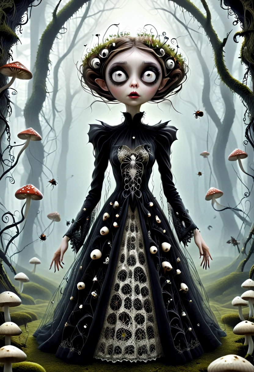 Karely Ruiz, spider-shaped lace dress, She looks with her enormous eyes directly at the mushrooms with an expression of astonishment as she sees herself surrounded by hundreds of crystal insects that have an impossible geometry.... All with the style of Tim Burton, in a kind of surreal dream. While drinking some tea.