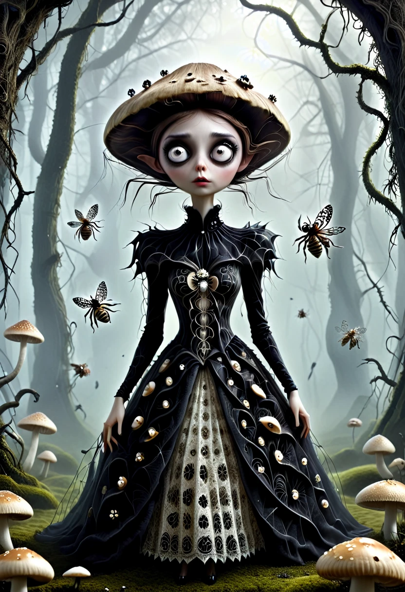 Karely Ruiz, spider-shaped lace dress, She looks with her enormous eyes directly at the mushrooms with an expression of astonishment as she sees herself surrounded by hundreds of crystal insects that have an impossible geometry.... All with the style of Tim Burton, in a kind of surreal dream. While drinking some tea.