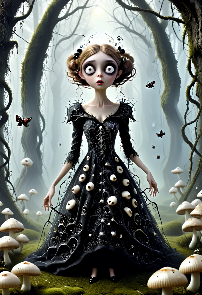 Karely Ruiz, spider-shaped lace dress, She looks with her enormous eyes directly at the mushrooms with an expression of astonishment as she sees herself surrounded by hundreds of crystal insects that have an impossible geometry.... All with the style of Tim Burton, in a kind of surreal dream. While drinking some tea.