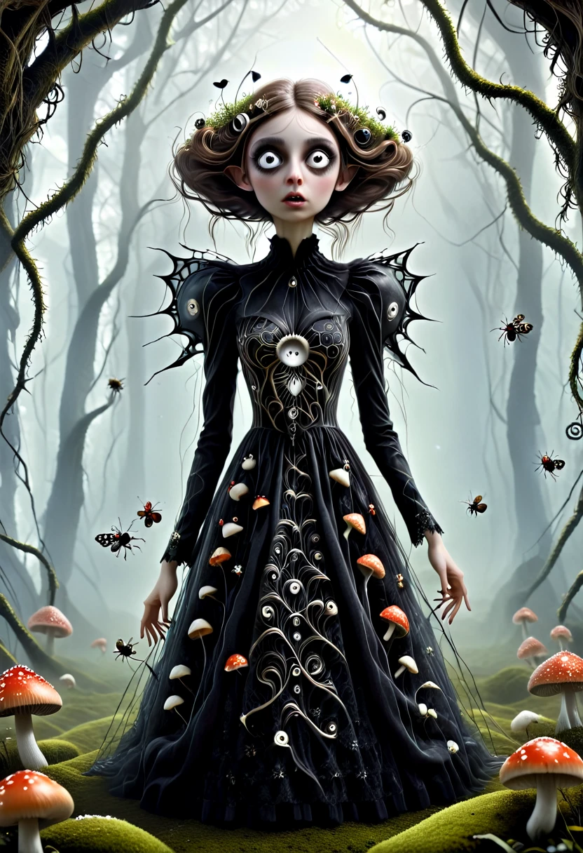 Karely Ruiz, spider-shaped lace dress, She looks with her enormous eyes directly at the mushrooms with an expression of astonishment as she sees herself surrounded by hundreds of crystal insects that have an impossible geometry.... All with the style of Tim Burton, in a kind of surreal dream. While drinking some tea.