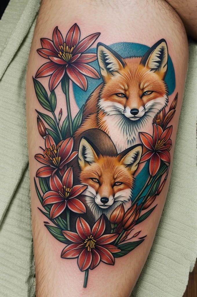 A beautiful fox sleeping on top of Spider Lily flowers, tattoo style