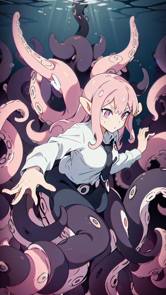 ((best quality)), ((highly detailed)), absurdres, (detailed eyes),1girl,20 years old,solo,long hair,pink hair,(((white shirt,black standart tie,black skirt))),dynamic pose, cowboy shot, (((scylla))), (((octopus girl))), standing, (tentacles:1.33), (suction cups:1.33), (fused:1.33), ((tentacle legs)), squidlegs, ((underwater,sea, aurora,night)),leaning forward, serious,cute,reaching out