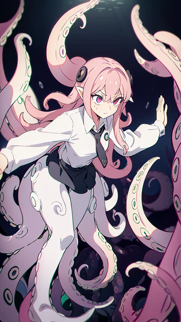 ((best quality)), ((highly detailed)), absurdres, (detailed eyes),1girl,20 years old,solo,long hair,pink hair,(((white shirt,black standart tie,black skirt))),dynamic pose, cowboy shot, (((scylla))), (((octopus girl))), standing, (tentacles:1.33), (suction cups:1.33), (fused:1.33), ((tentacle legs)), squidlegs, ((underwater,sea, aurora,night)),leaning forward, serious,cute,reaching out