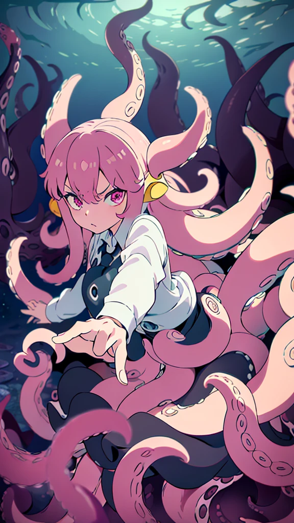 ((best quality)), ((highly detailed)), absurdres, (detailed eyes),1girl,20 years old,solo,long hair,pink hair,(((white shirt,black standart tie,black skirt))),dynamic pose, cowboy shot, (((scylla))), (((octopus girl))), standing, (tentacles:1.33), (suction cups:1.33), (fused:1.33), ((tentacle legs)), squidlegs, ((underwater,sea, aurora,night)),leaning forward, serious,cute,reaching out