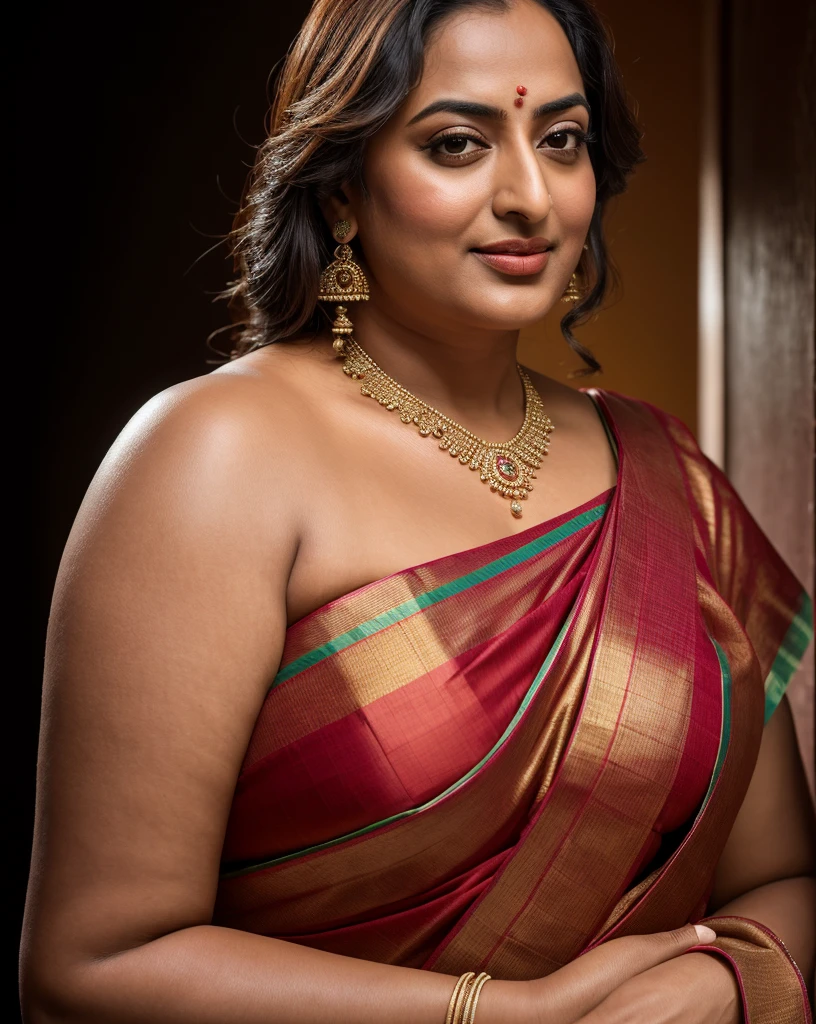 Foto RAW, photorealistic, photography, full body shot, 50 years old Woman, master shot, perfect eyes, goddess like beauty, pierced eyes, perfect thick chubby mallu Desi aunty bhabhi, Wearing a Stanapatta, a chest-band.Saree model, model Photography, Indian saree shoot, Indian traditional wear advertising photography, traditional wear brand shoot, face of Indian actress Sonakshi Sinha, masterpiece, realistic, realism, incredible details,  pleasure, photorealism, detailed skin, skin pores, high contrast, photorealistic Artstation 8k HD digital art trend of high definition and detailed realistic skin texture, ultra detail, realistic skin texture, armature, best quality, ultra high definition, (photorealistic:1.4),, high resolution, detail, raw photo, sweat, Re sharp, by Lee Jefferies Nikon D850 Film Stock Photo 4 Kodak Portra 400 Camera F1.6 Lens Rich Color Ultra Real Realistic Realistic Textures Dramatic Lighting Unreal Engine Trending at Art Station Cinestill 800,(pele altamente detalhada: 1.2), 8k UHD, DSLR, soft-lighting, alta qualidade, grain of film, Fujifilm XT3,she didn't like to wear blouse or bra, she is happy to wear only saree, she hates blouse or bra, detailed hairy armpits, hyper realistic skin, skin pores, sweat, veins, 