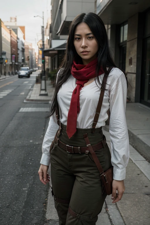 attack on titan, mikasa, full body photo ,Draw a young woman of average height, with long black hair. Your eyes are gray and expressive, reflecting determination and intensity. She is dressed in a white blouse and" a beautiful red scarf", He wears suspenders and his pants are brown , equipped with three-dimensional maneuvering devices. His posture is athletic and confident, showing a serene facial expression, but determined, junji ito style
