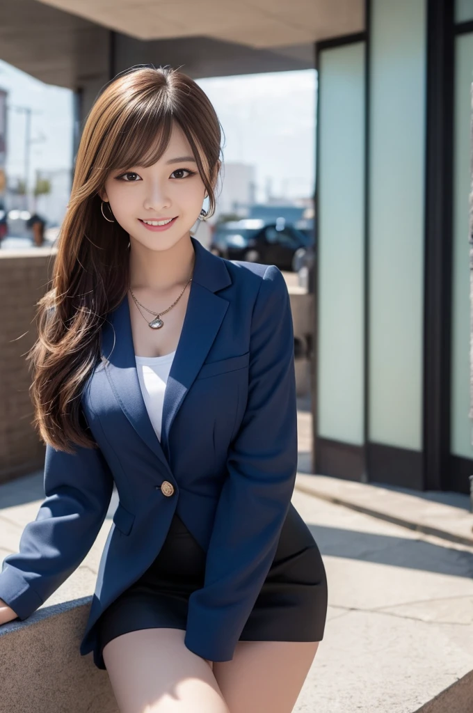Highest quality, shape, Ultra The finer details, The finer details, High resolution, 8k wallpaper, Perfect dynamic composition, Beautiful and detailed eyes, Natural lips, Magic Uniform, Tight Skirt, Wearing a suit, Girl in suit, cute,ponytail、 Medium chest, ponytail , full length, One girl,, smile, office, necklace, Thighs, squat、Spread your legs、