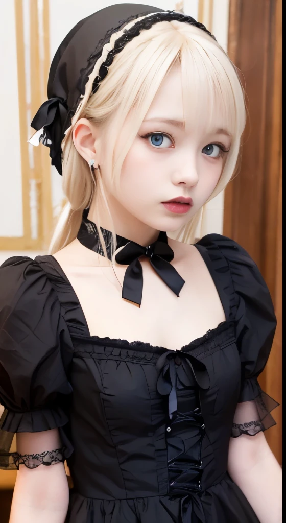 (Tabletop, Highest quality:1.2), 8K, 85mm, Official Art, RAW Photos, Absurd, Platinum Blonde Hair, (blue eyes, Lolita Fashion, Sweet Lolita, Gothic, dress:1.2), Idol&#39;s face, Upper Body, beautiful girl, Gardeniass, Copenhagen, Short sleeve, grace, Sophisticated, Gardenia, View your viewers, Film Grain, chromatic aberration, Sharp focus, Face Light, Dynamic Lighting, Cinema Lighting, Detailed face, Bokeh Background