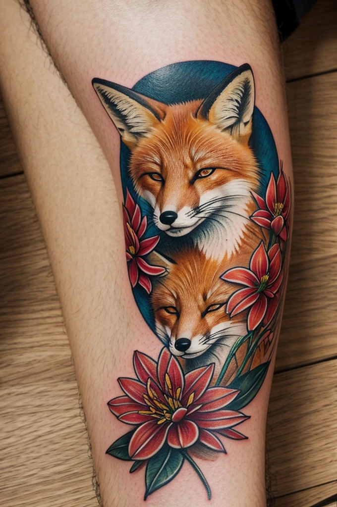 A beautiful fox sleeping on top of Spider Lily flowers, tattoo style