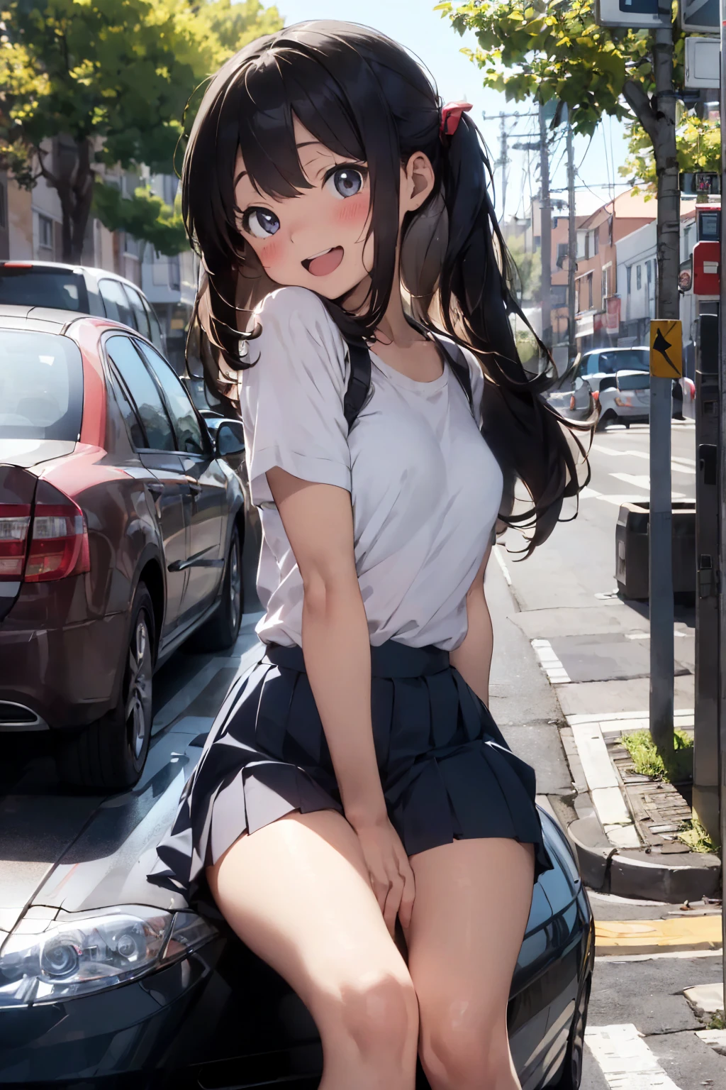 A work depicting a scene from a manga for adults, ((Stand up and straddle、Hitting the crotch on the corner of a car stop, Outdoor))), Pleated skirt, blush, Plastic bag, Round face, Realistic sized eyes, Droopy eyes, blush, Smile of shame, Spread your legs, Open your mouth,