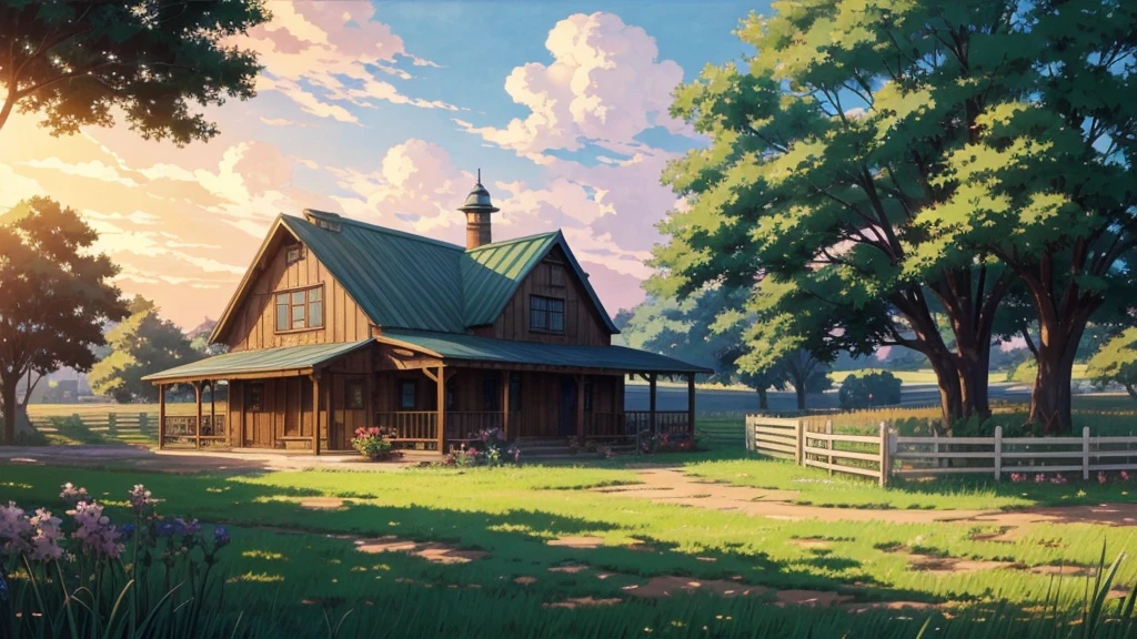 there is a painting of a farm with a fence and a house, concept art by Makoto Shinkai, pixiv, conceptual art, anime countryside landscape, anime landscape, studio glibly makoto shinkai, anime scenery concept art, anime background art, beautiful anime scenery, anime scenery, style of makoto shinkai, anime landscape wallpaper