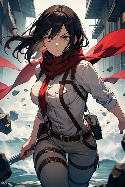 attack on titan, mikasa, full body photo ,Draw a young woman of average height, with long black hair. Your eyes are gray and expressive, reflecting determination and intensity. She is dressed in a white blouse and" a beautiful red scarf", He wears suspenders and his pants are brown , equipped with three-dimensional maneuvering devices. His posture is athletic and confident, showing a serene facial expression, but determined, junji ito style
