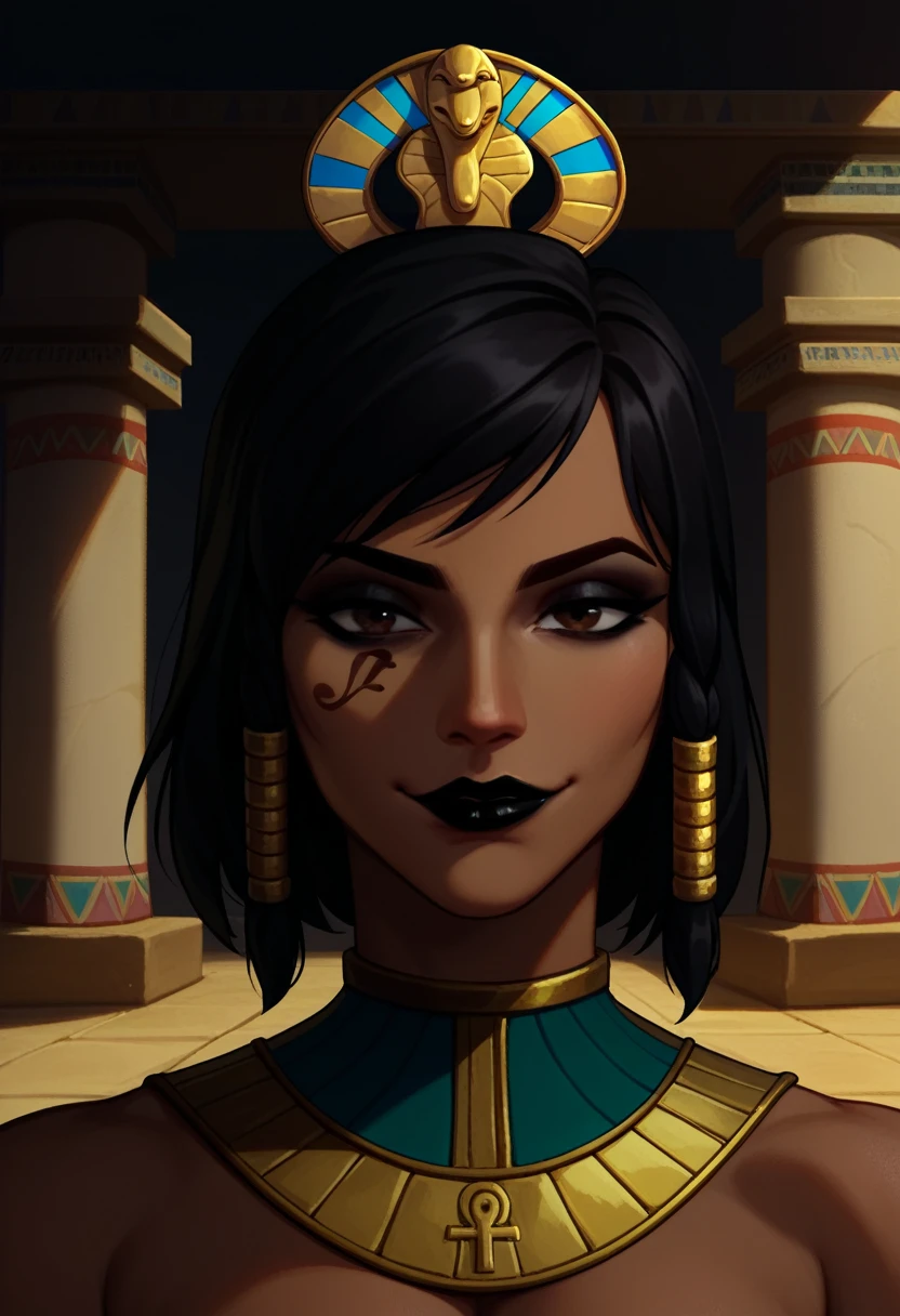 score_9, score_8_up, score_7_up, 1girl, solo, Pharah, brown eyes, (Eye of Horus), (black lipstick), portrait, smug, smirk, Egyptian clothes, outdoors, Egyptian temple,