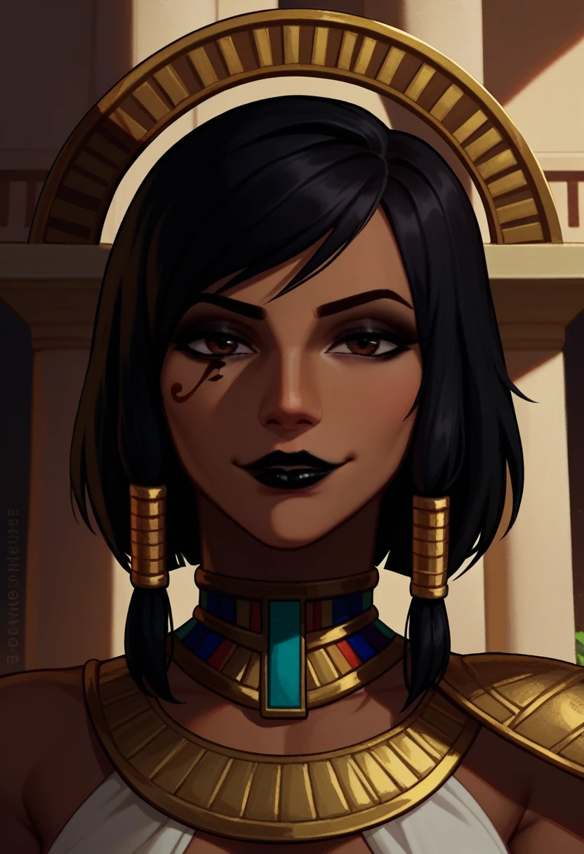 score_9, score_8_up, score_7_up, 1girl, solo, Pharah, brown eyes, (Eye of Horus), (black lipstick), portrait, smug, smirk, Egyptian clothes, outdoors, Egyptian temple,