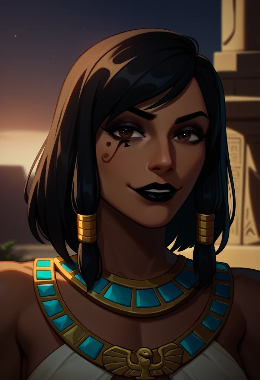 score_9, score_8_up, score_7_up, 1girl, solo, Pharah, brown eyes, (Eye of Horus), (black lipstick), portrait, smug, smirk, Egyptian clothes, outdoors, Egyptian temple,