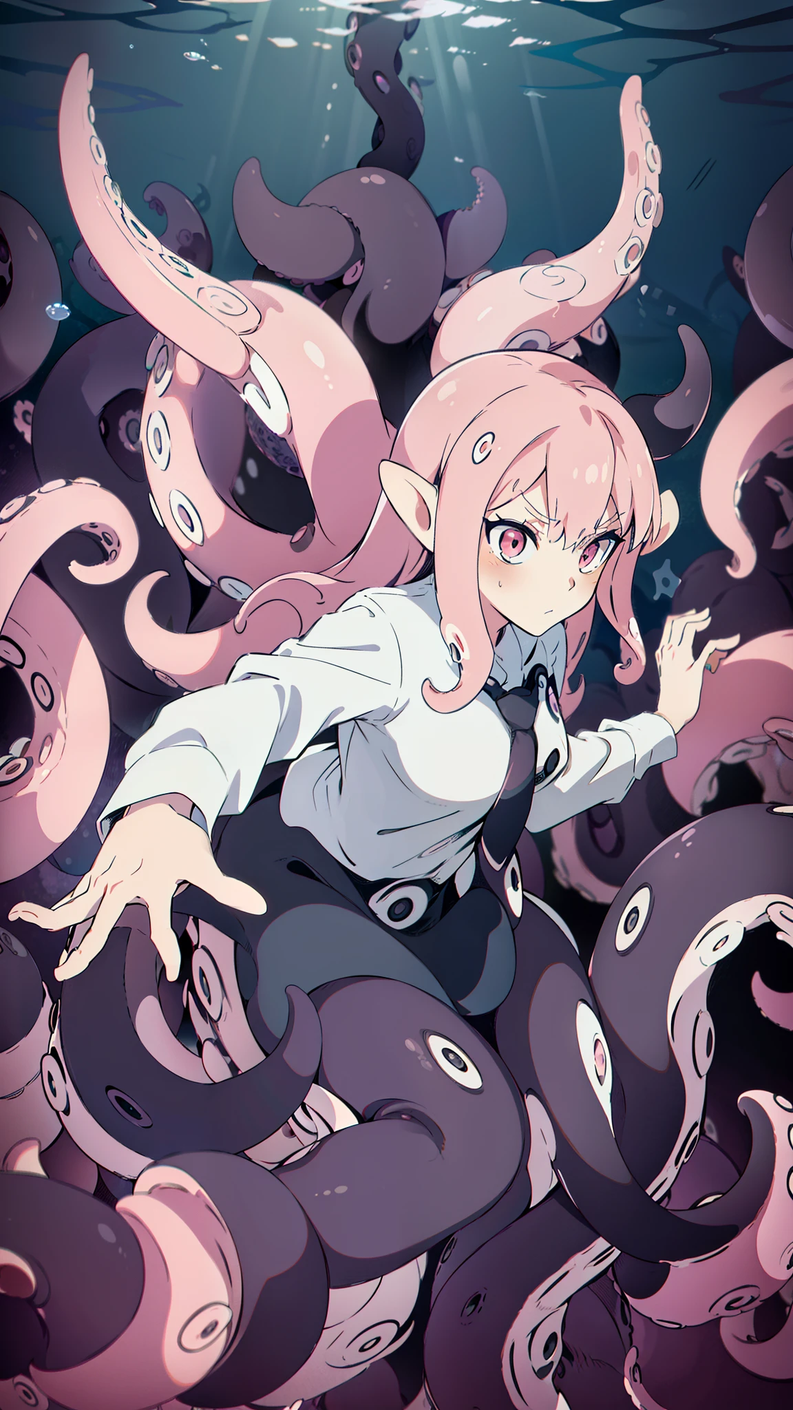 ((best quality)), ((highly detailed)), absurdres, (detailed eyes),1girl,20 years old,solo,long hair,pink hair,(((white shirt,black standart tie,black skirt))),dynamic pose, cowboy shot, (((scylla))), (((octopus girl))), standing, (tentacles:1.33), (suction cups:1.33), (fused:1.33), ((tentacle legs)), squidlegs, ((underwater,sea, aurora,night)),leaning forward, serious,cute,reaching out