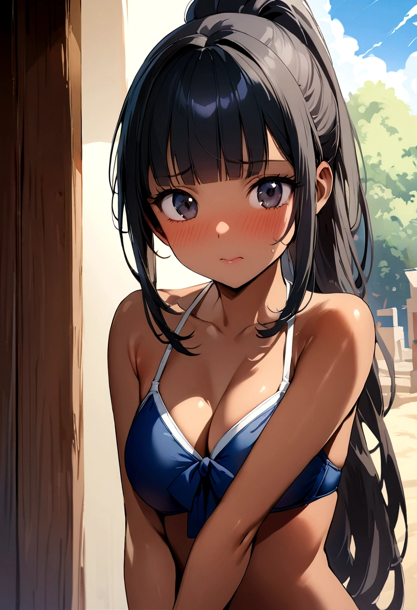 Sunburn、Tan Skin、Embarrassed、1 girl、Navy blue school swimwear,ponytail、blunt bangs、Black Hair、super fine illustration,(((beautiful fine hair))),(((beautiful fine face))),(((beautiful fine background))),Midsummer、beachBlack Hair、student、bikini、ponytail、blunt bangs、Cross-eyed