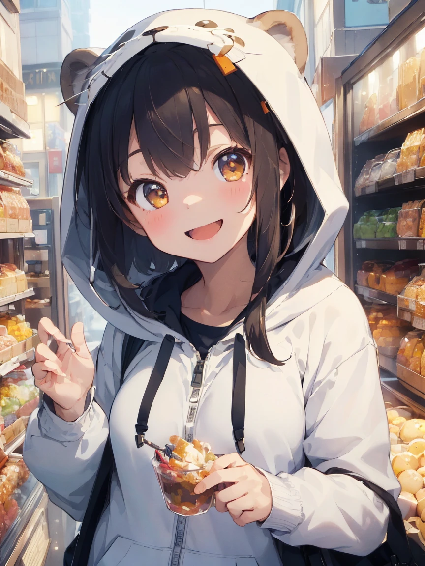 (masterpiece:1.2), (Highest quality:1.2), (High resolution:1.2),1 Girl , Cute otter hoodie, smile、Open your mouth、Upper Body、There is a cute otter next to me、smile、There are lots of sweets in the background