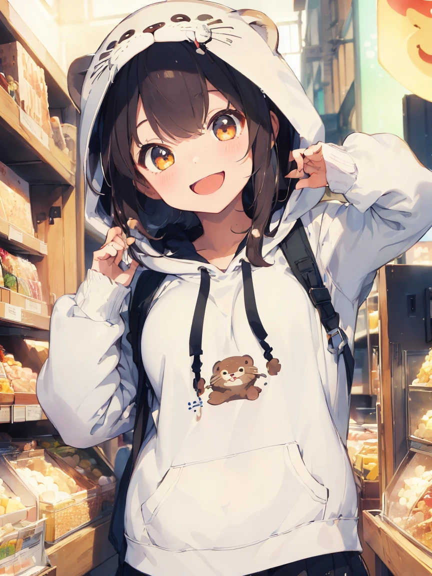 (masterpiece:1.2), (Highest quality:1.2), (High resolution:1.2),1 Girl , Cute otter hoodie, smile、Open your mouth、Upper Body、There is a cute otter next to me、smile、There are lots of sweets in the background