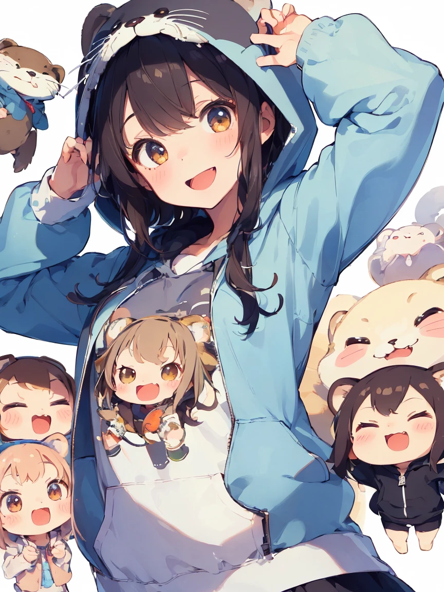 (masterpiece:1.2), (Highest quality:1.2), (High resolution:1.2),1 Girl , Cute otter hoodie, smile、Open your mouth、Upper Body、There is a cute otter next to me、smile、There are lots of sweets in the background