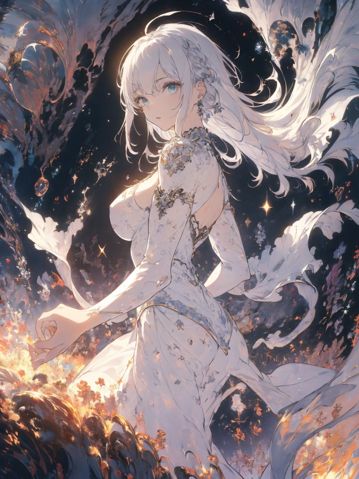 (Landscape photo, with a woman in the bottom right of photo:1.5, in white waterfront:1.5), Masterpiece, best quality, (very detailed CG unity 8k wallpaper), (best quality), High definition RAW color art, Animation,sculptures, (black Marble Skin), (((Ultra detailed elegant))), Magical atmosphere, Detailed skin, Texture,(Intricately detailed, Fine detail, ultra-detail art), depth of fields, Bokeh, Silky Touch, Hyper Detail, beautiful eyes, elegant face, (upper body focus), sparkle background, enormous breast:1.3, (silver hair), pure white, pose, muscle, rose, ドラマチックな光, looking back, marine