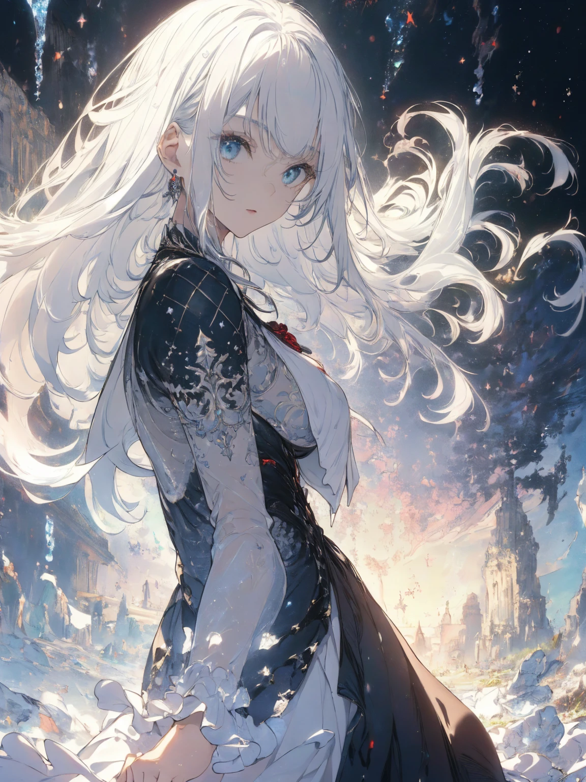(Landscape photo, with a woman in the bottom right of photo:1.5, in white waterfront:1.5), Masterpiece, best quality, (very detailed CG unity 8k wallpaper), (best quality), High definition RAW color art, Animation,sculptures, (black Marble Skin), (((Ultra detailed elegant))), Magical atmosphere, Detailed skin, Texture,(Intricately detailed, Fine detail, ultra-detail art), depth of fields, Bokeh, Silky Touch, Hyper Detail, beautiful eyes, elegant face, (upper body focus), sparkle background, enormous breast:1.3, (silver hair), pure white, pose, muscle, rose,  ドラマチックな光, looking back, marine