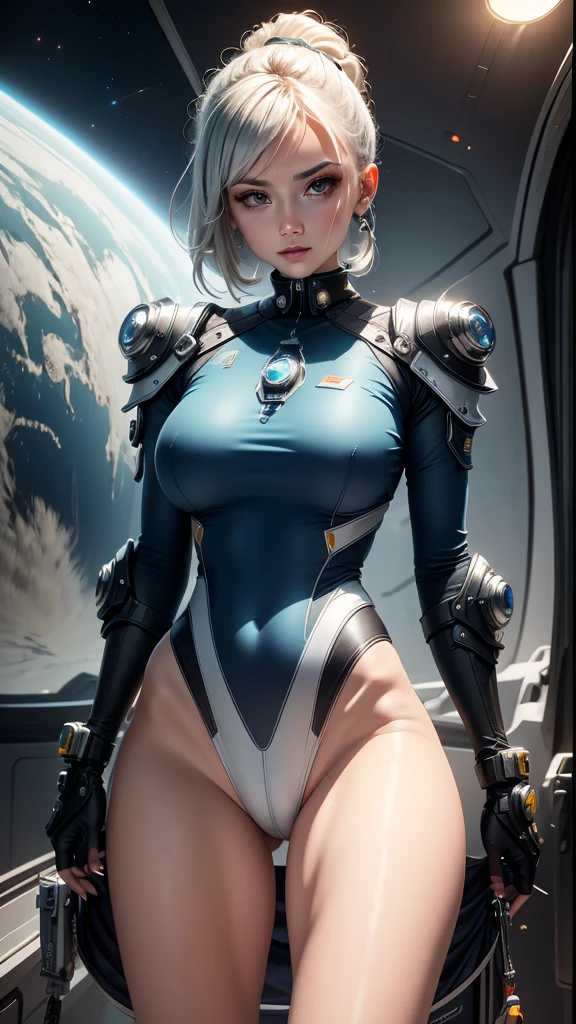 Anime girl in space with a spaceship in the background, thick and smooth warframe thighs, gynoid body, Usa un Space suit, Centaur Astronaut, Retrato Anime Space Cadet Girl, en Space suit, vestido con Space suit, con un Space suit puesto, biomechanical oppai, Totally adequate space, Spacesuit, Thicc, Silver space suit, Space suit