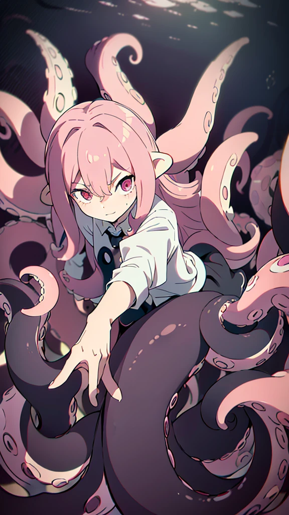 ((best quality)), ((highly detailed)), absurdres, (detailed eyes),1girl,20 years old,solo,long hair,pink hair,(((white shirt,black standart tie,black skirt))),dynamic pose, cowboy shot, (((scylla))), (((octopus girl))), standing, (tentacles:1.33), (suction cups:1.33), (fused:1.33), ((tentacle legs)), squidlegs, ((underwater,sea, aurora,night)),leaning forward, serious,cute,reaching out