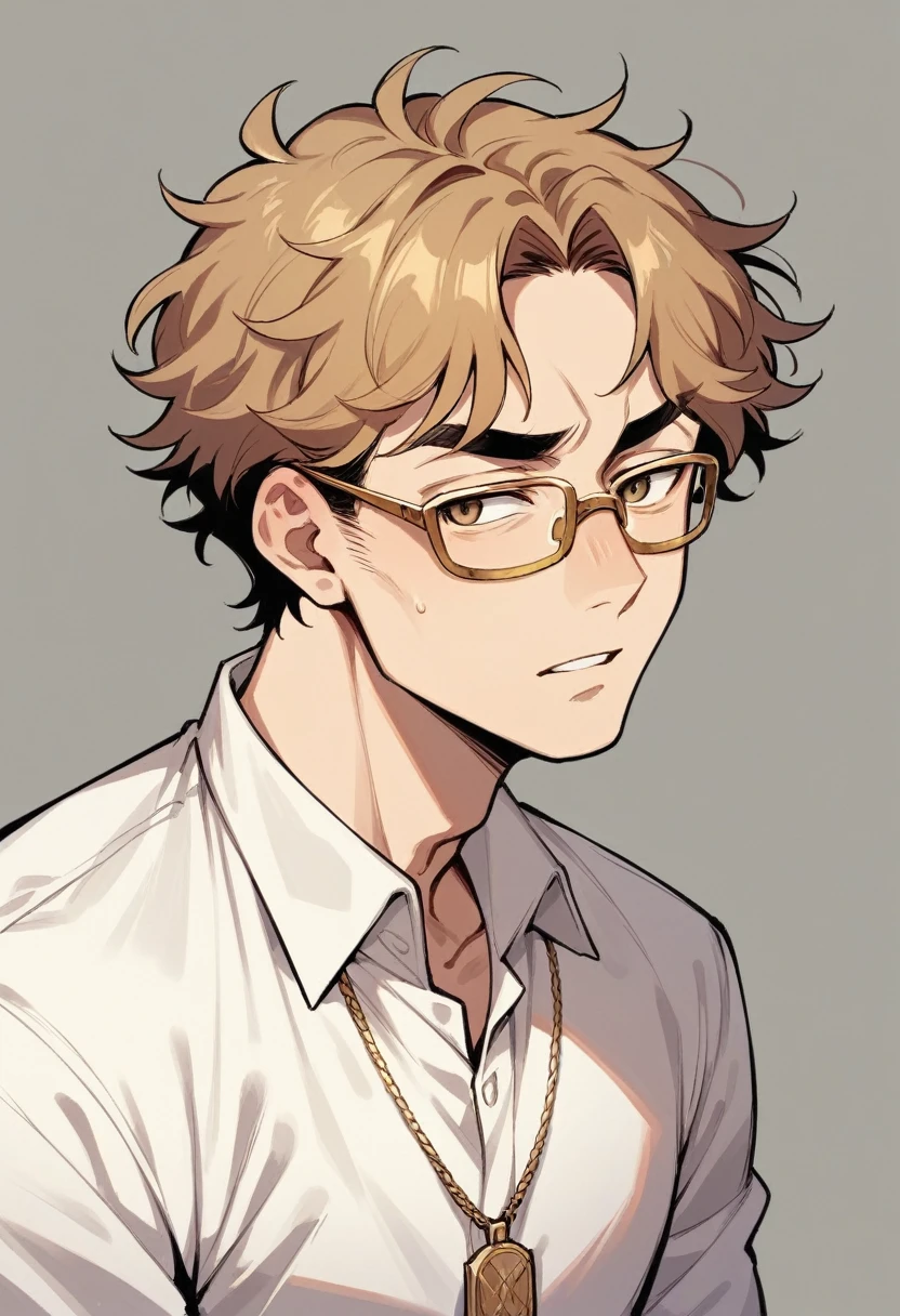 White man with dimples on his cheeks, bushy eyebrows, short wavy hair, gold square gold glasses