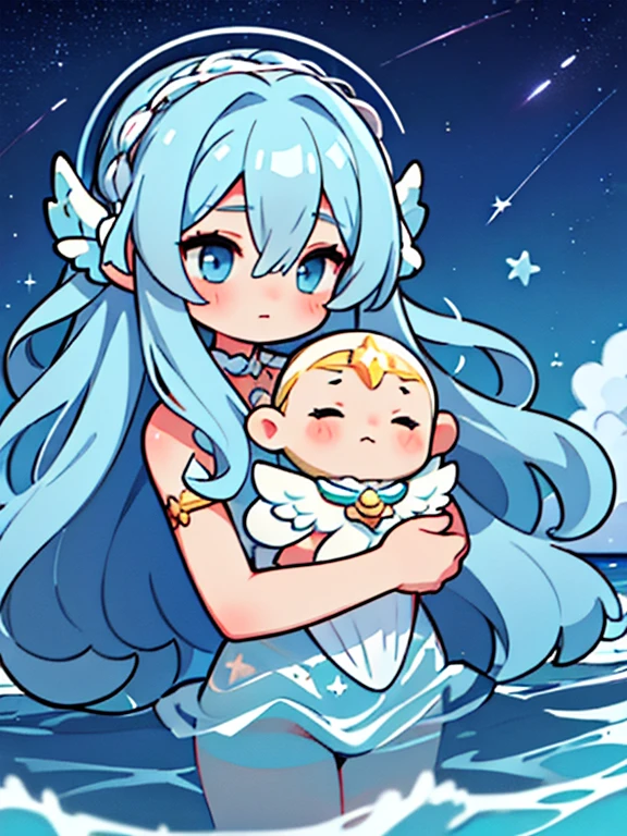 clouds, flowing hair, stars in hair, adult, starry eyes, mar, ocean, celestial, , Deity, by the faded blue, hair like the sky with stars, ocean hair, soft smile, (({comforting aura})), angel, light, Bright character, fantasmal light character, Siren, Siren fascinantea