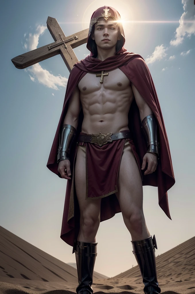 SANTO EXPEDITO, a Roman soldier with detailed armor and red cape, holding a cross with the inscription "Today" and stepping on a labeled crow "tomorrow", and in the other hand holds a palm leaf on a simple battlefield or celestial background, with a soft halo around the head, conveying urgency and determination, the scene is filled with a sense of immediate action and resolution, soft divine light highlighting your figure, shadows adding depth and contrast, --ar 9:16 --c 15 --s 750