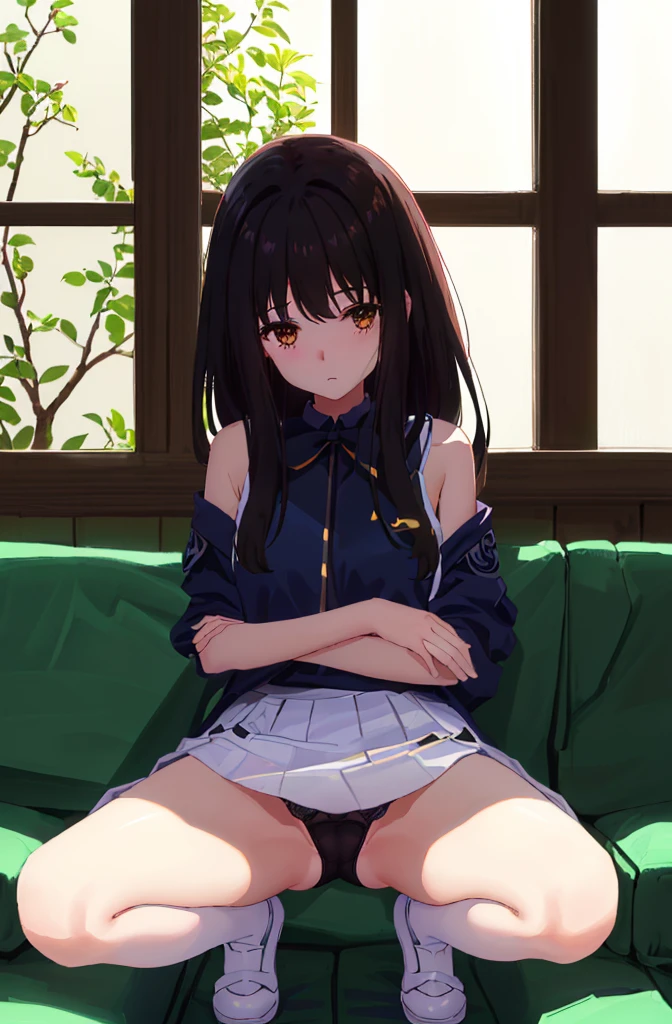 On the sofa、I can see her panties、M-shaped legs、M-shaped legs、M-shaped legs、Crouching、、I can see her panties、Blushing、Feeling embarrassed、Black Hair、Semi-long hair、