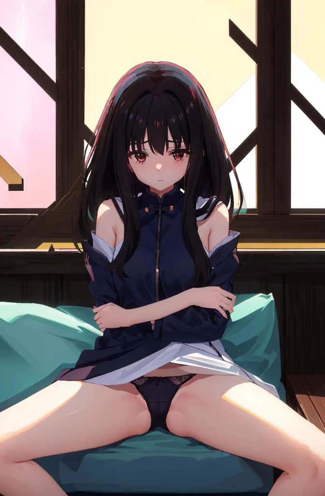 On the sofa、I can see her 、M-shaped legs、M-shaped legs、M-shaped legs、Crouching、、I can see her 、Blushing、Feeling embarrassed、Black Hair、Semi-long hair、