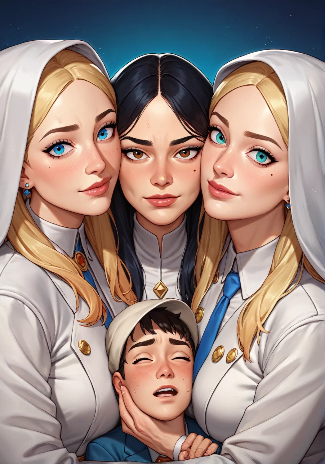 score_9, score_8_up, score_7_up, score_アニメ, Three friends, Girl in the center, guys hugging girl, guy on the right, guy on the left, white jackets, Elite , looking straight into the camera, front view, pathetic