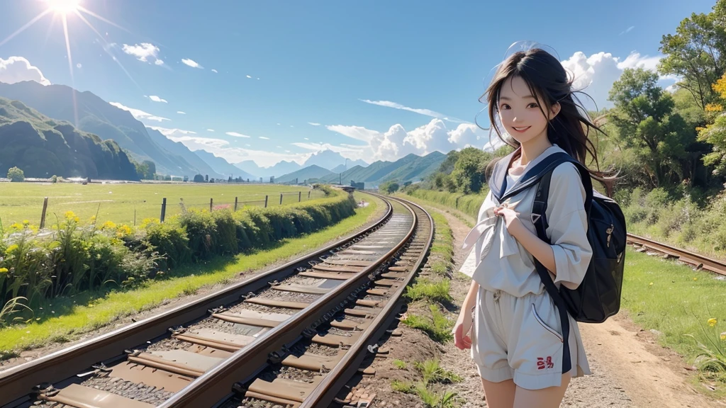 8K、RAW Photos、Highest quality、Super detailed、Super Resolution、Ultra HD、8K壁紙、Amazingly detailed rural landscape、The tracks continue、Walking along the tracks、(Sailor suit),smile、sun、School bag
