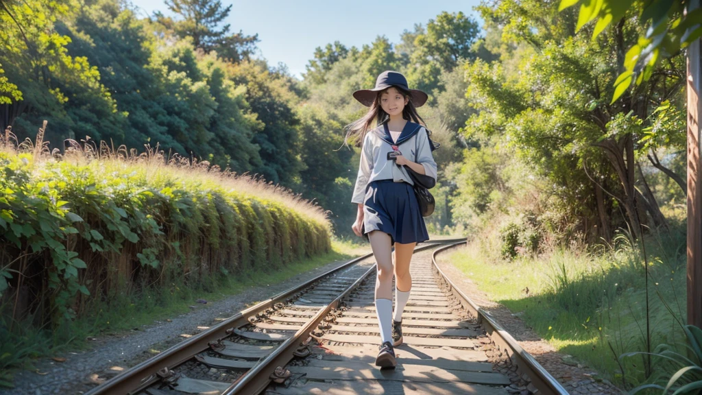 8K、RAW Photos、Highest quality、Super detailed、Super Resolution、Ultra HD、8K壁紙、Amazingly detailed rural landscape、The tracks continue、Walking along the tracks、(Sailor suit),smile、sun、School bag