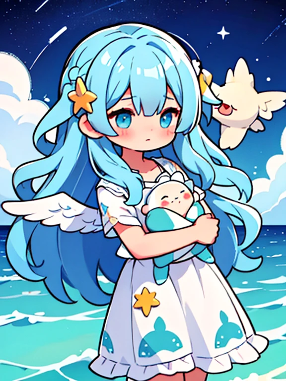 hair like the sky with stars, ocean hair, soft smile, (({comforting aura})), angel, light, Bright character, fantasmal light character,