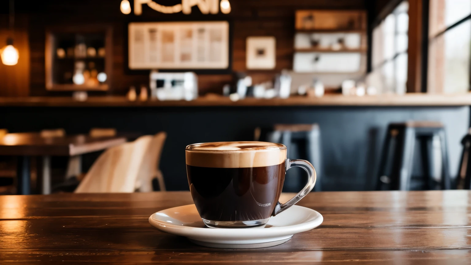 american coffee on a wood table, coffee shop, professional photography, black coffee only