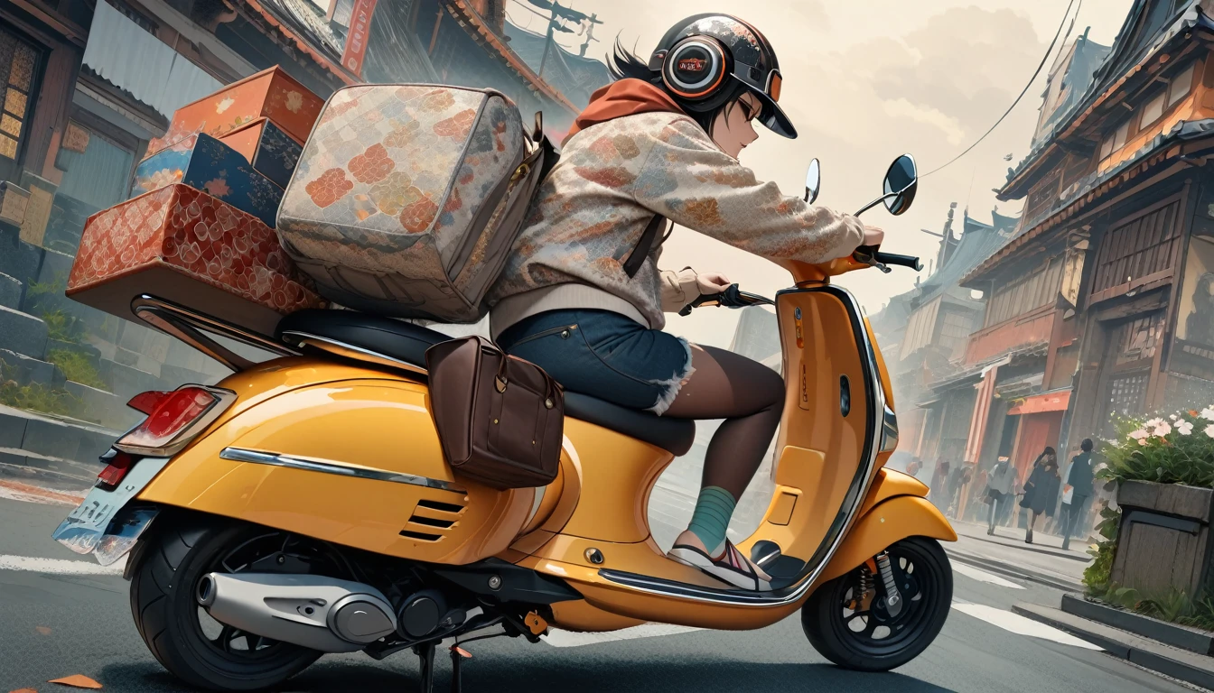 (((8K, Masterpiece, high resolution, highest quality, highest quality real texture skin))), ((wearing Japanese pattern headphones)), (((Driving a Vespa))), ((sunglasses)), (Japanese pattern hoodie, super mini shorts), (Black shiny hair, beige skin), ((Japanese patterned helmet)), (surreal, digital painting)