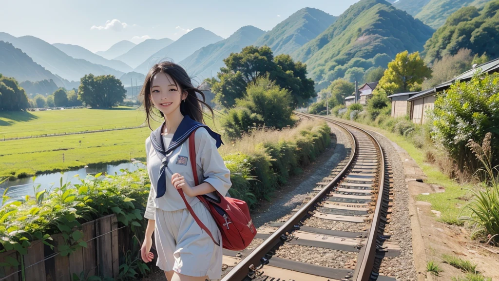 8K、RAW Photos、Highest quality、Super detailed、Super Resolution、Ultra HD、8K壁紙、Amazingly detailed rural landscape、The tracks continue、Walking along the tracks、(Sailor suit),smile、sun、School bag
