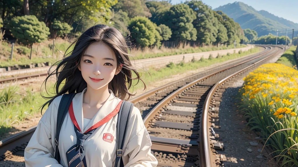 8K、RAW Photos、Highest quality、Super detailed、Super Resolution、Ultra HD、8K壁紙、Amazingly detailed rural landscape、The tracks continue、Walking along the tracks、(Sailor suit),smile、sun、School bag
