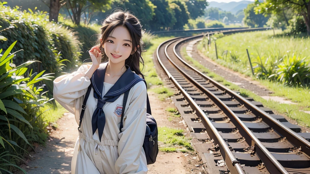 8K、RAW Photos、Highest quality、Super detailed、Super Resolution、Ultra HD、8K壁紙、Amazingly detailed rural landscape、The tracks continue、Walking along the tracks、(Sailor suit),smile、sun、School bag