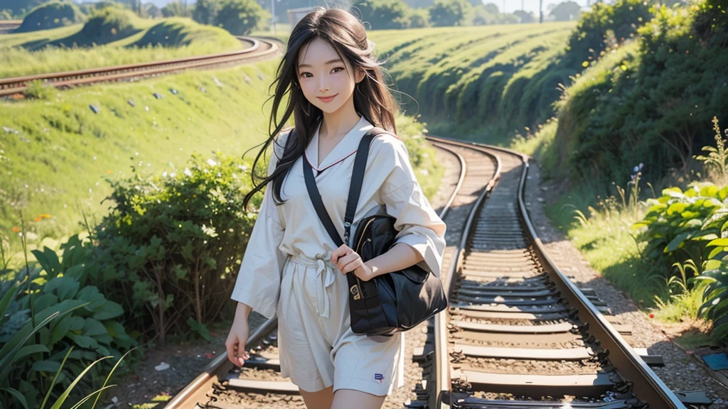 8K、RAW Photos、Highest quality、Super detailed、Super Resolution、Ultra HD、8K壁紙、Amazingly detailed rural landscape、The tracks continue、Walking along the tracks、(Sailor suit),smile、sun、School bag